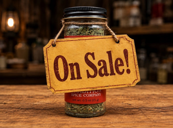 The words ON SALE spelled out using various herbs, spices, and leaves on a beige background.