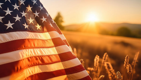 An American flag waves in the foreground with a sunlit field and golden sunset in the background, creating a warm and patriotic atmosphere.