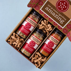 A gift box of four spice mixes from Tradition Spice Company, arranged in a cardboard tray with brown paper shred. The open lid displays a label that reads 'now go season something amazing'.