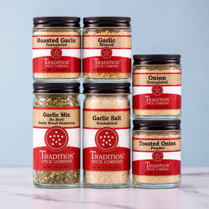 Tradition Spice Company Garlic and Onion Cookhouse Kit seasoning jars.