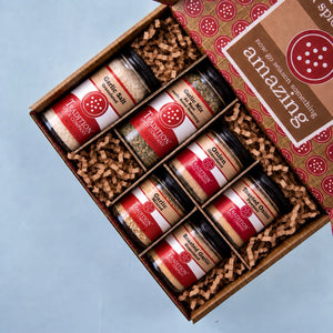 Garlic and Onion Cookhouse Kit gift box filled with seasoning jars.