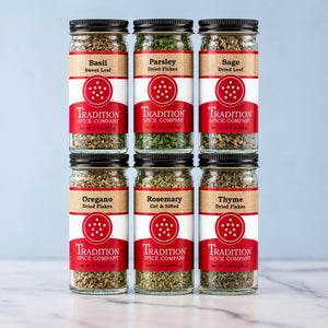 Assorted Tradition Spice Company dried herb jars from Basic Herbs Pantry Pack 1.