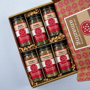 Basic Herbs Pantry Pack 1 gift box filled with assorted dried herb jars.
