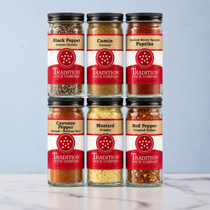 Assorted Tradition Spice Company jars from Basic Spices Pantry Pack 1.