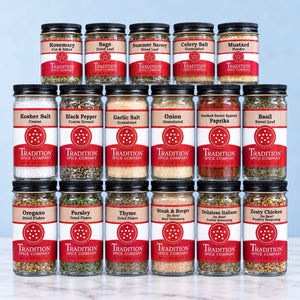 Assorted Tradition Spice Company spice jars from the American Kitchen Mega Pack.