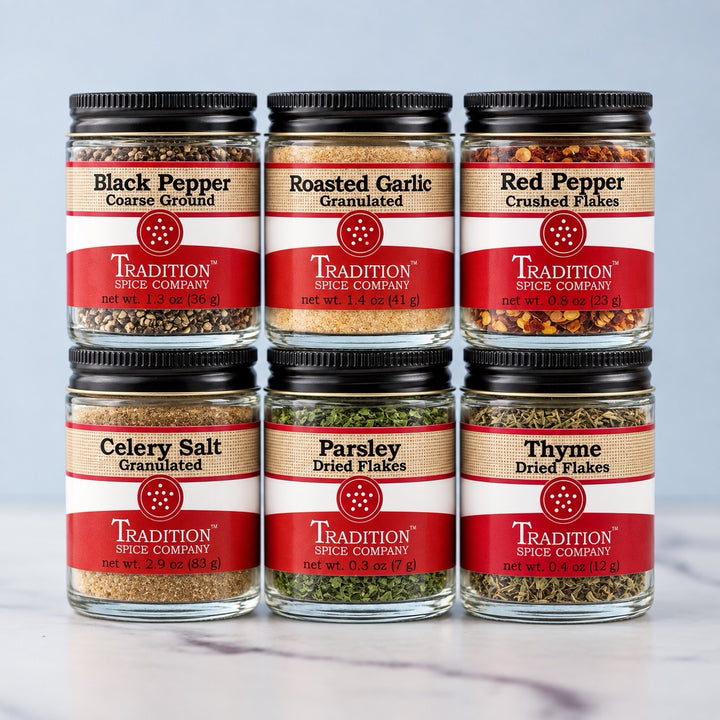 Soup Toppers Savory Set - Garnish Galore - Celery Salt, Black Pepper, Roasted Garlic, Red Pepper Flakes