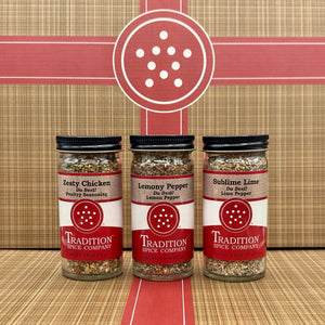 Three spice jars from the American Kitchen Mega Pack are displayed in front of a patterned background featuring a striking red and white circular design.